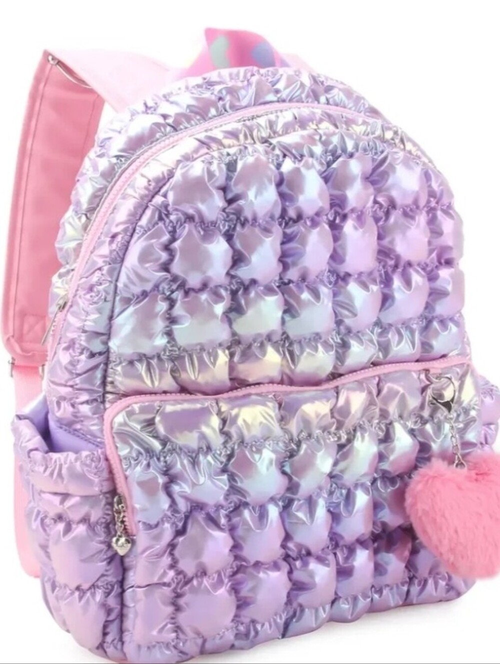 OMG Lavender Puffy Metallic Quilted Backpack with Heart Pom Keychain NEW